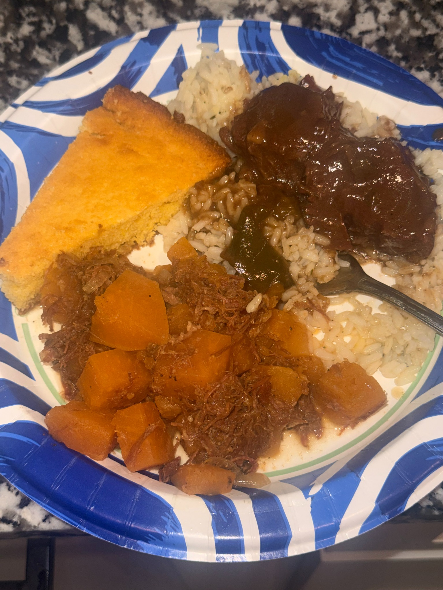 Beef with rice, yams, and cornbread